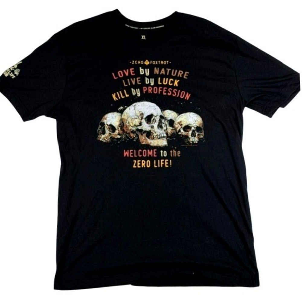 Zero Foxtrot Mens XL Black Skull Graphic T-Shirt Afterlife Club Skull Graphic